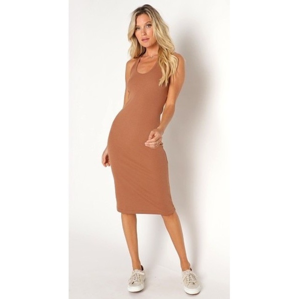 Commando Lux Rib‎ Racerback Midi Dress Women Small Ochre Ribbed Belted Bodycon